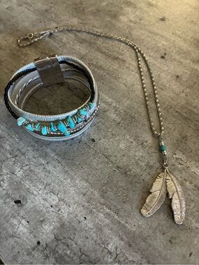 Turquoise Bead & feather Multi-Strand Wrap Bracelet & feather necklace
